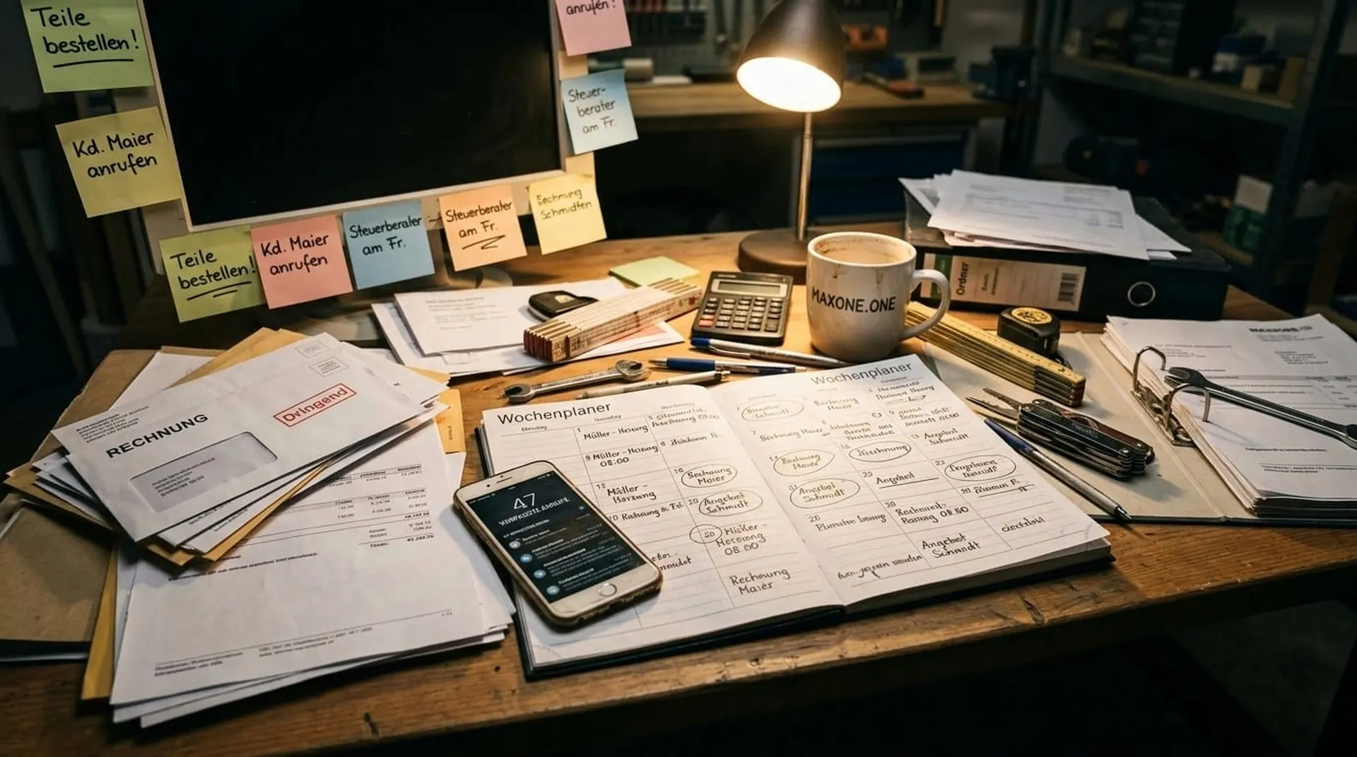 Chaotischer Handwerker-Schreibtisch mit Rechnungen, Post-Its, Wochenplaner und 47 verpassten Anrufen — der Alltag ohne digitale Systeme