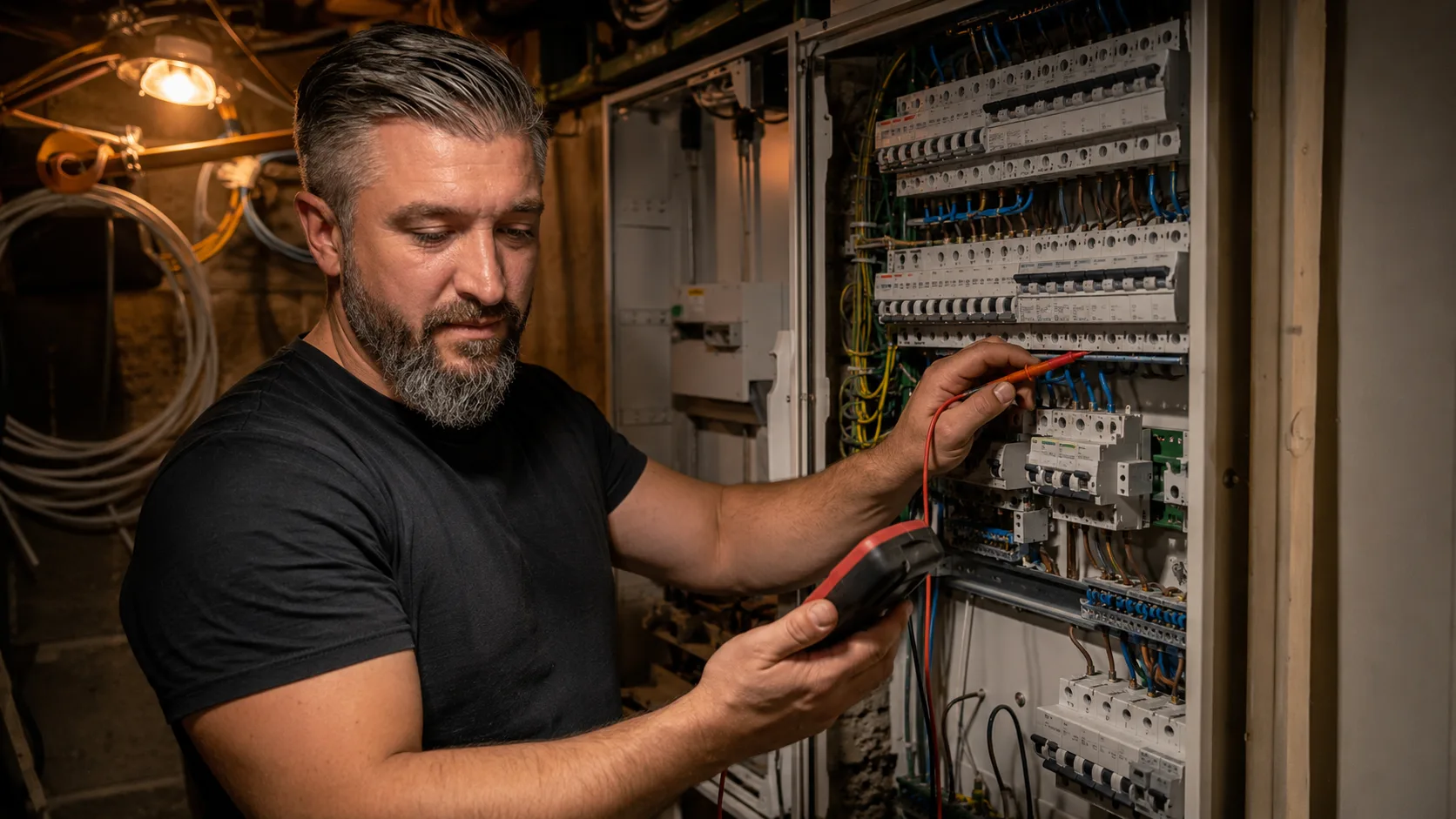 Max Karastelev an einer Unterverteilung, Elektrohandwerk, die Wurzeln