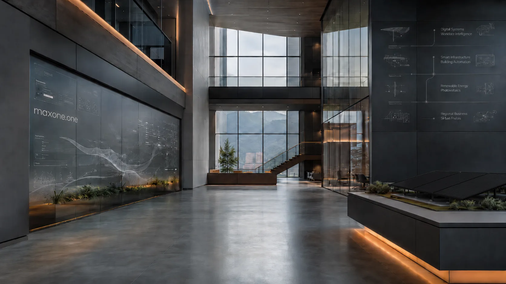 maxone.one Markenraum: modernes Atrium mit der maxone.one-Wortmarke an der Wand und Bergblick