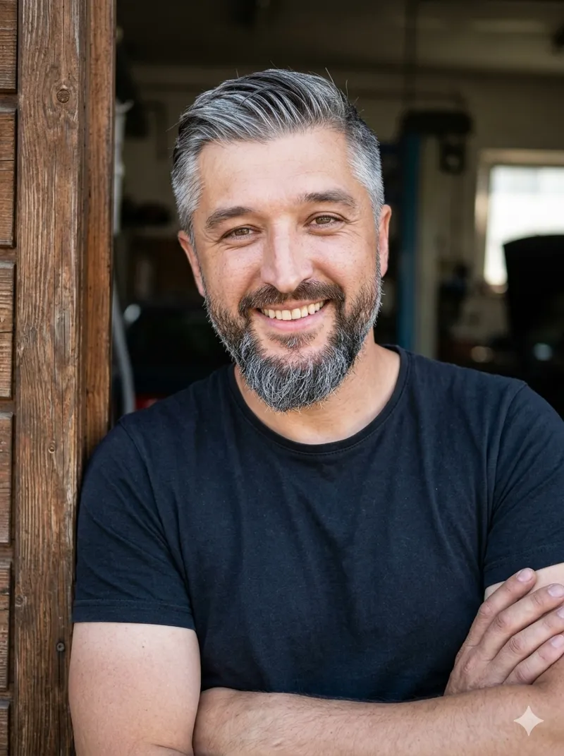 Max Karastelev — gelernter Elektroniker, Gründer von maxone.one, lehnt lächelnd an einer Werkstatt-Tür