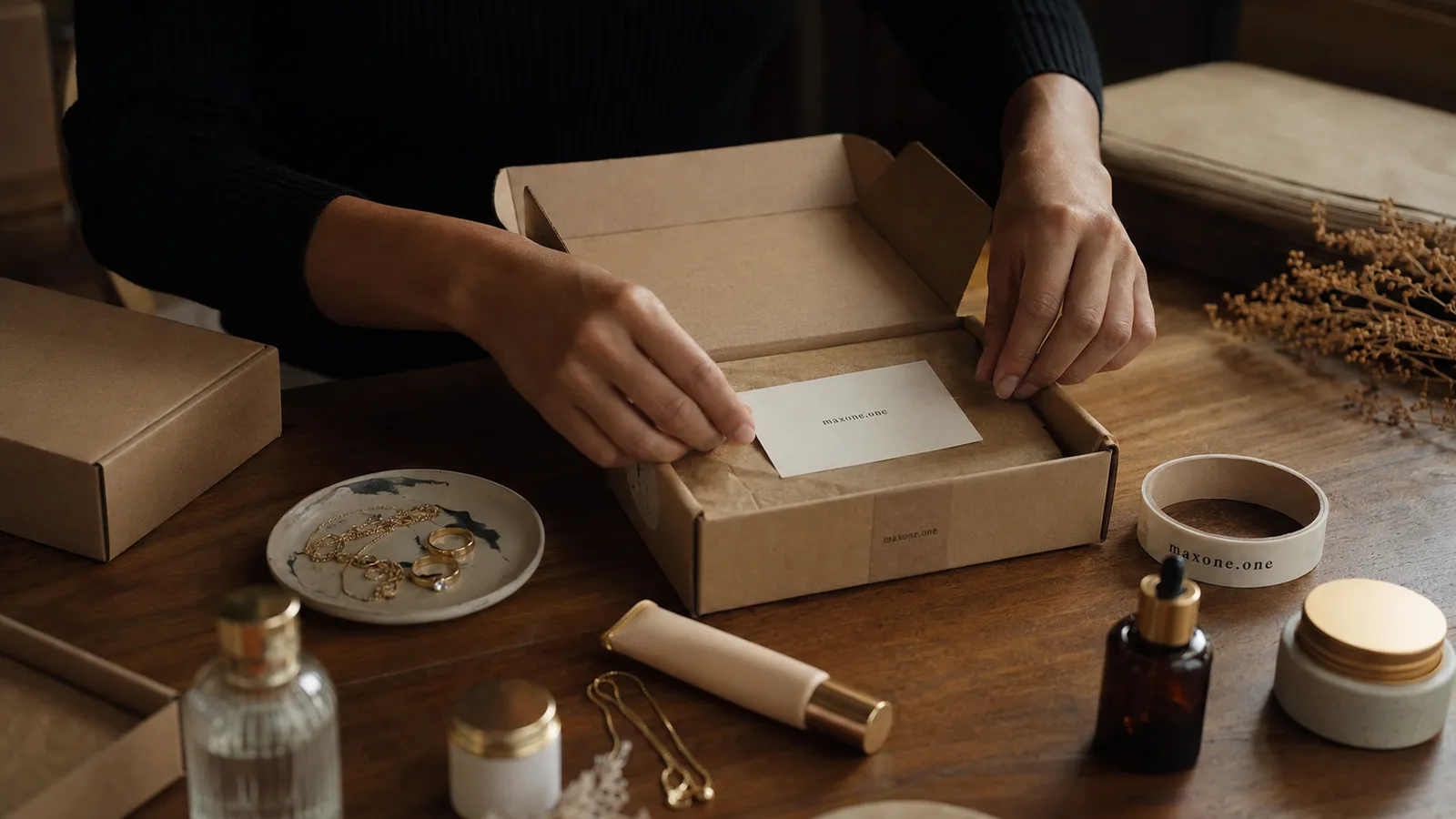 Hände verpacken eine Bestellung mit maxone.one-Kärtchen, daneben Schmuck, Pflege und Kraftverpackung