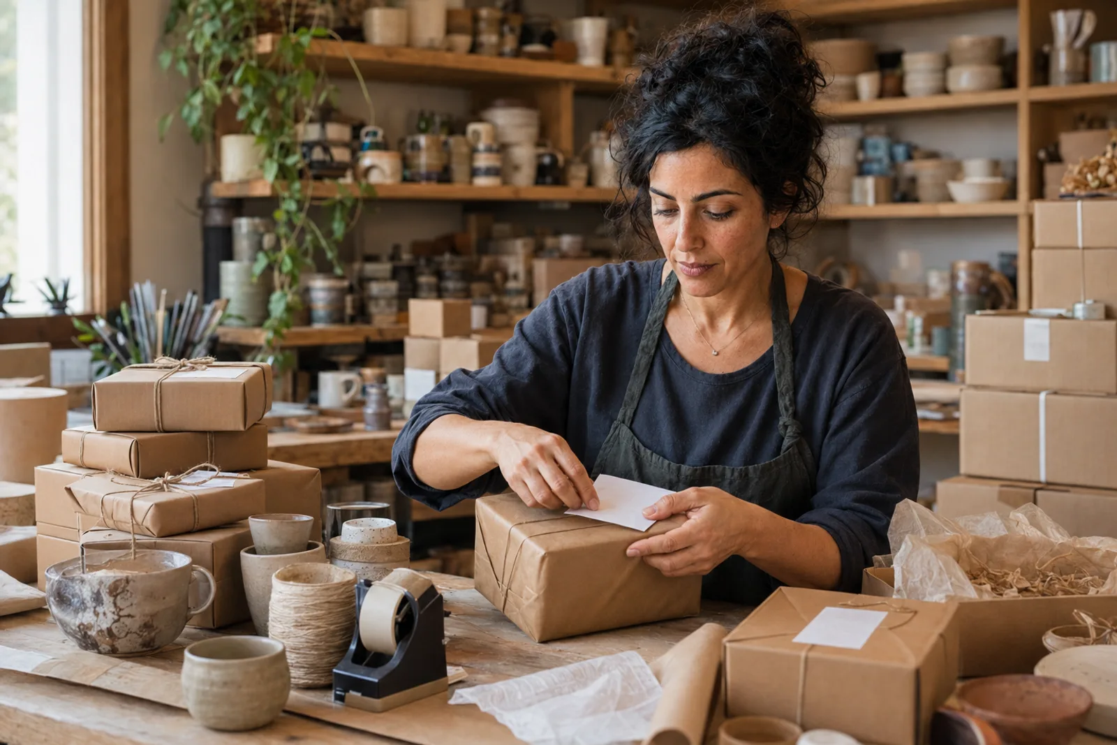 Yasmin packt an ihrem Packtisch die Bestellungen für den Versand